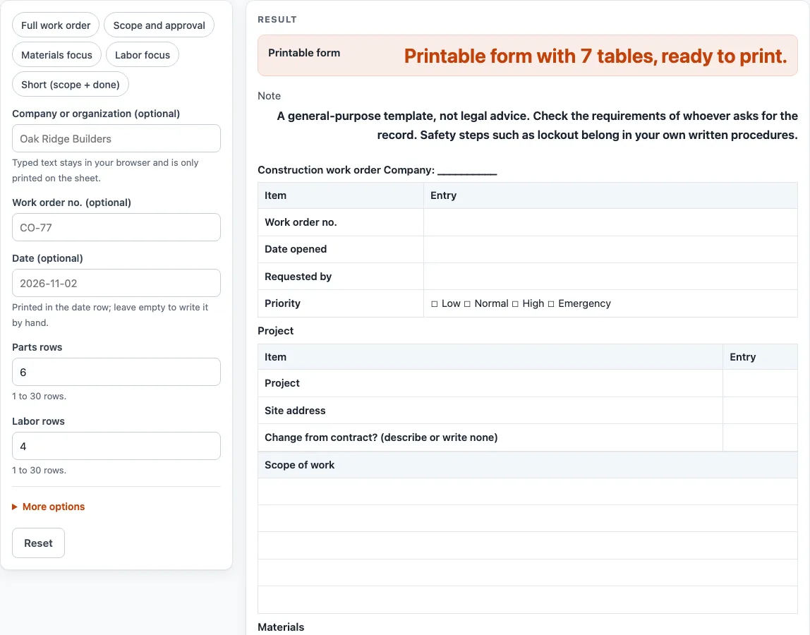 Construction work order template example