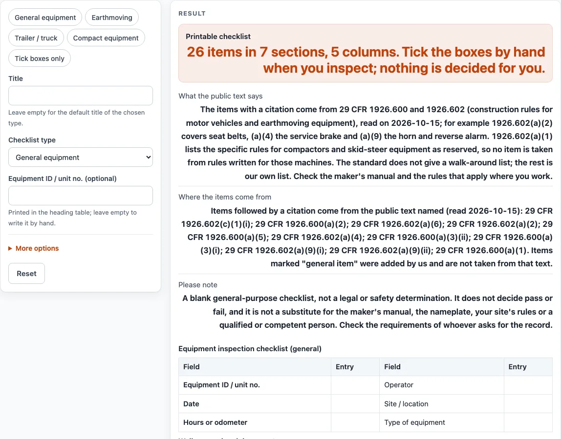 Equipment inspection checklist example
