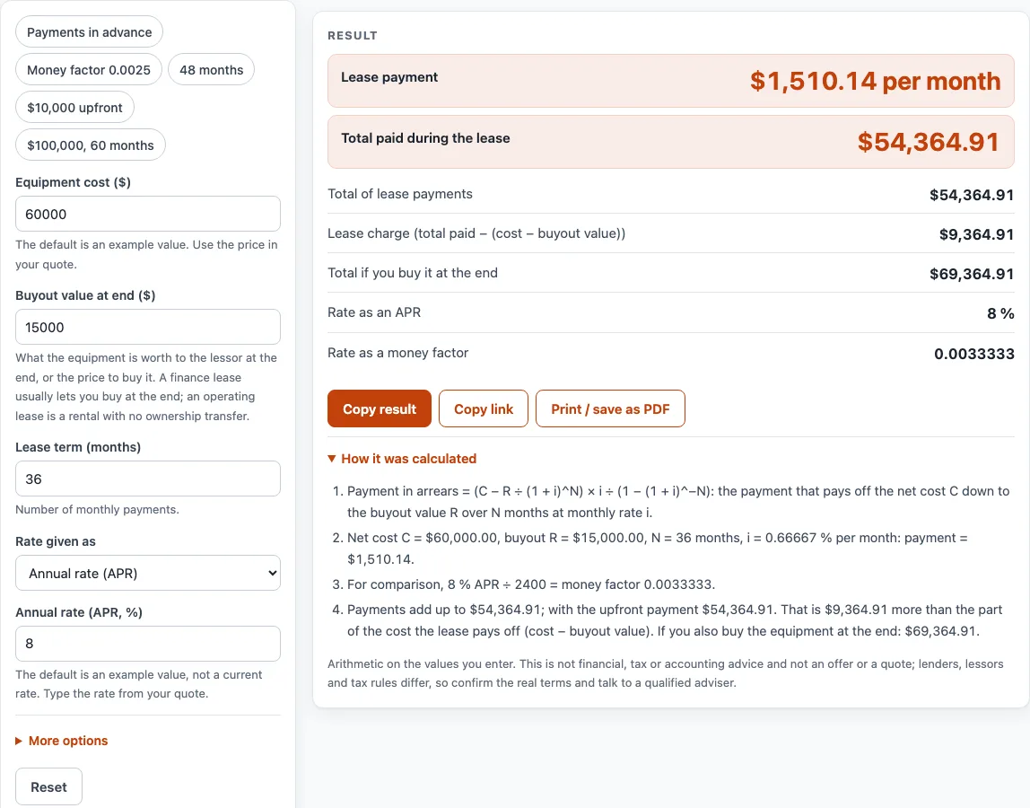 Equipment lease calculator example