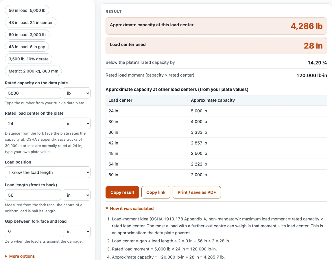 Forklift capacity calculator example