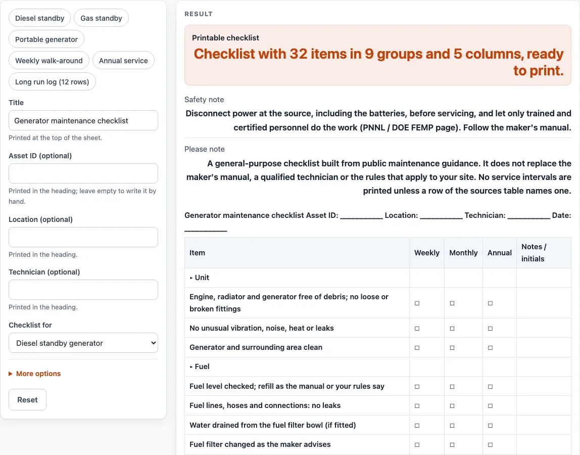 Generator maintenance checklist example