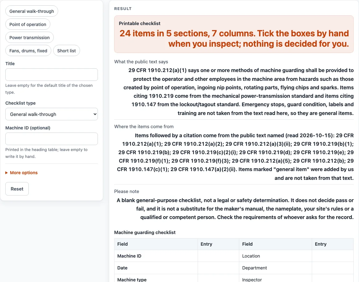 Machine guarding checklist example