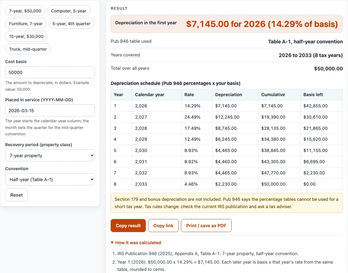 Macrs depreciation calculator example