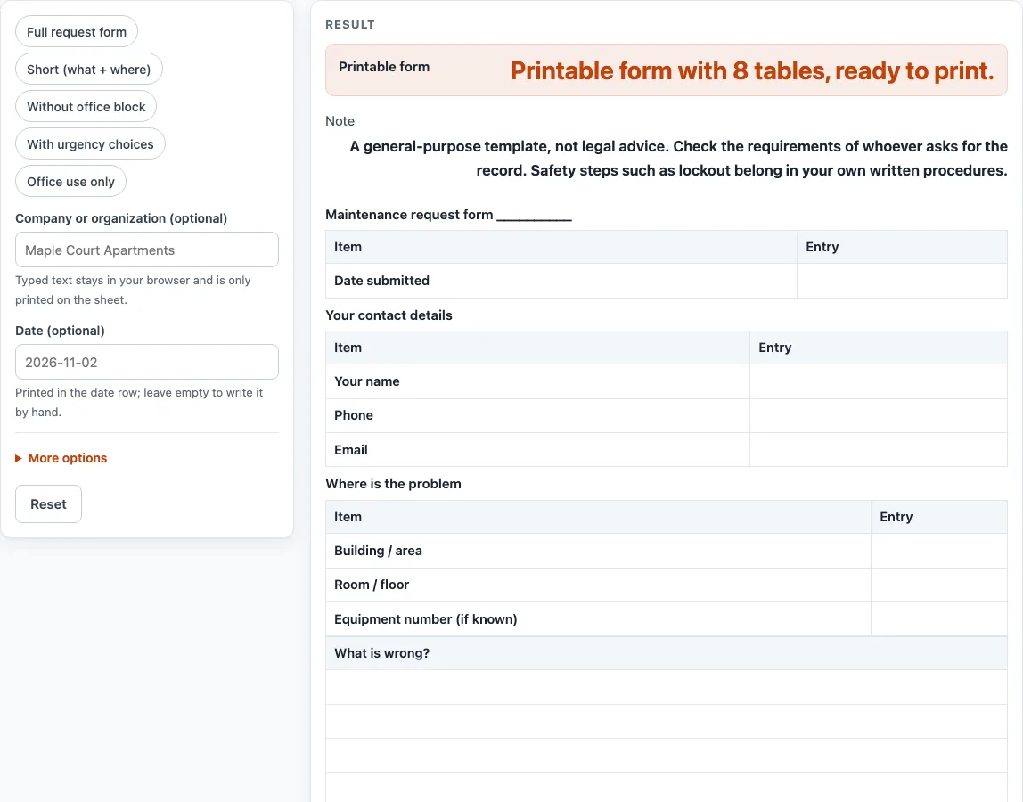 Maintenance request form example