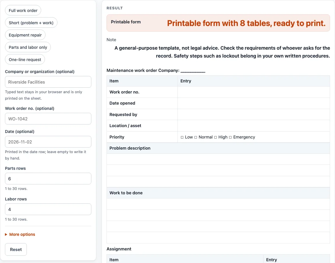 Maintenance work order template example