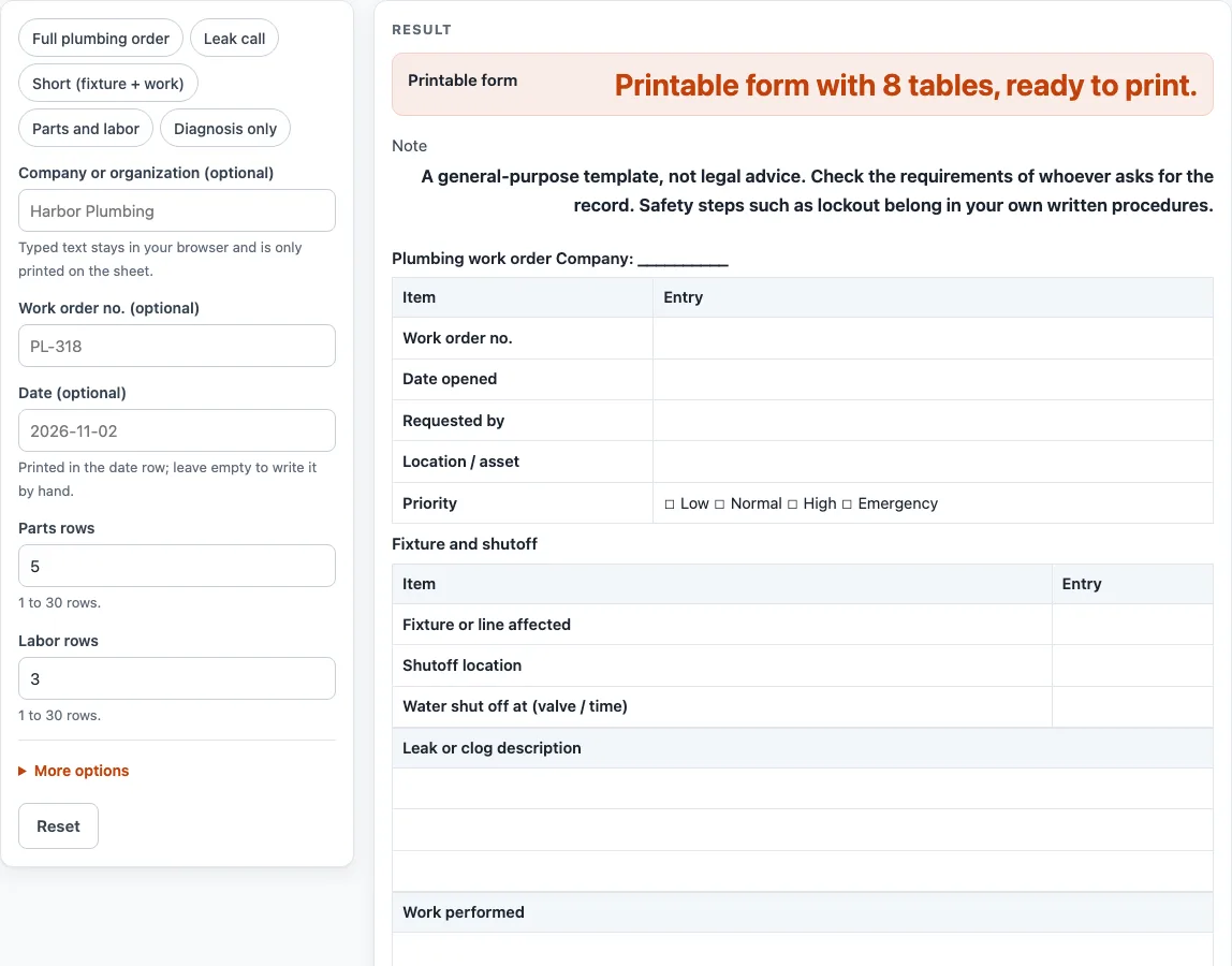 Plumbing work order template example