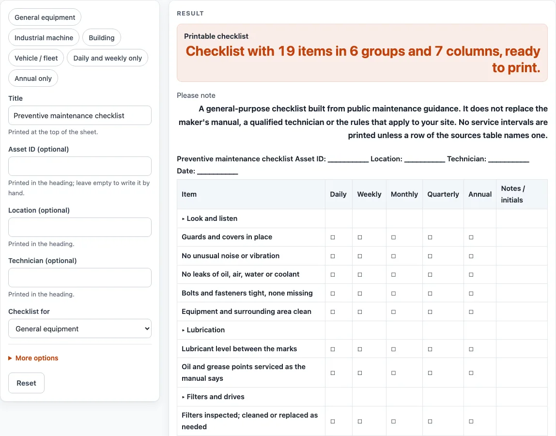 Preventive maintenance checklist example