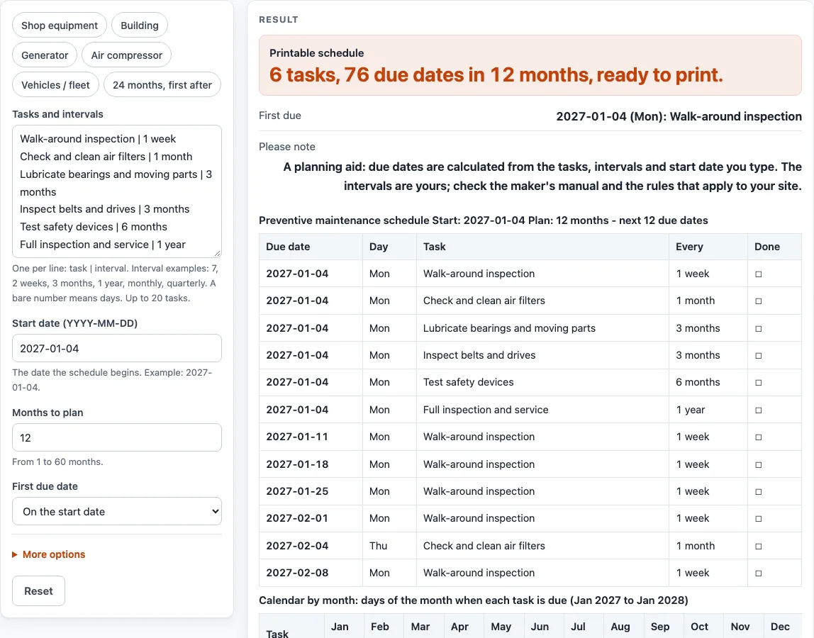 Preventive maintenance schedule example