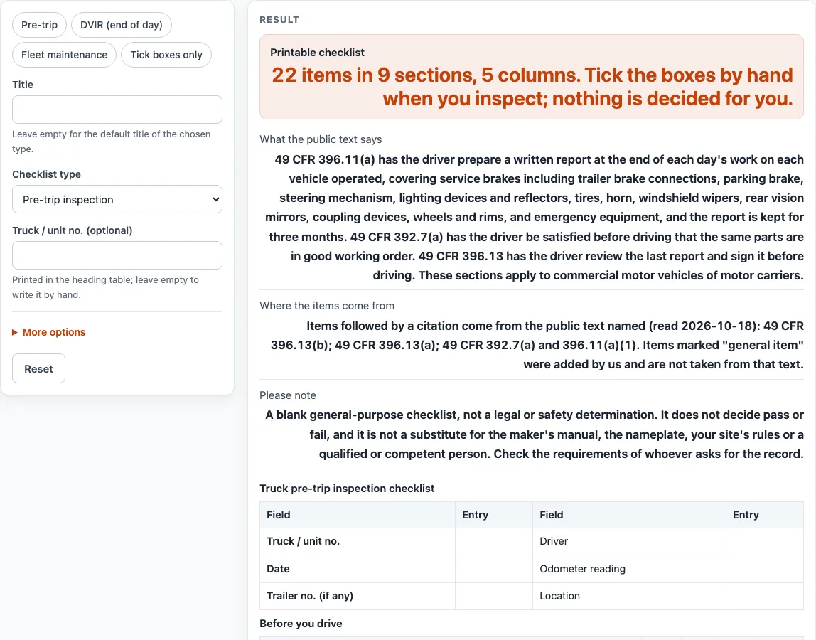 Truck inspection checklist example